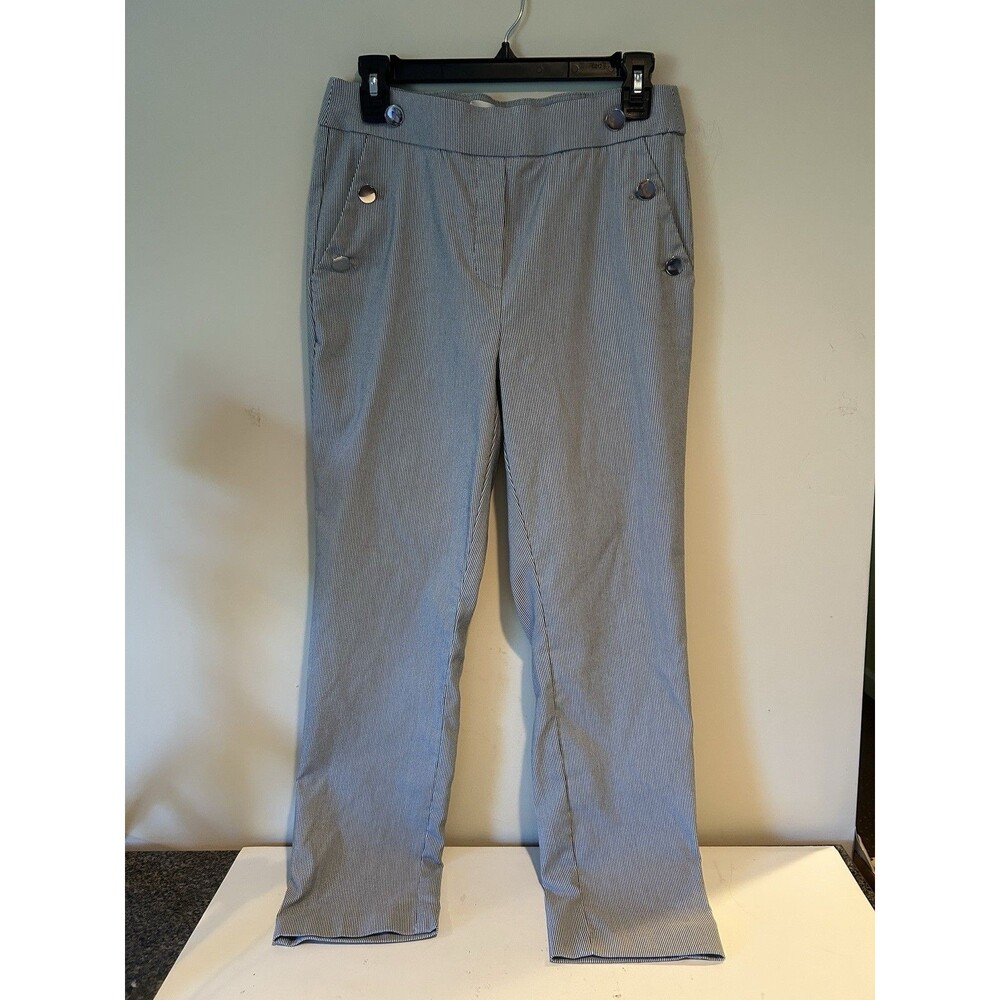 Jules & Leopold Pants M Blue/White Silver Buttons Flat Front Pull On Stretch